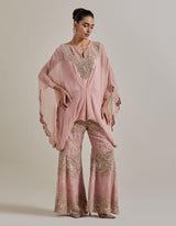 Pink Chiffon Water Glimmer Poncho Top Paired With Flared Embellished Pants