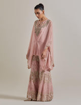 Pink Chiffon Water Glimmer Poncho Top Paired With Flared Embellished Pants
