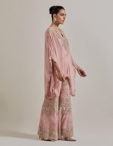 Pink Chiffon Water Glimmer Poncho Top Paired With Flared Embellished Pants