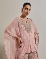 Pink Chiffon Water Glimmer Poncho Top Paired With Flared Embellished Pants
