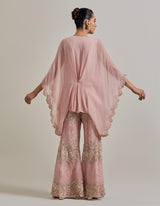 Pink Chiffon Water Glimmer Poncho Top Paired With Flared Embellished Pants