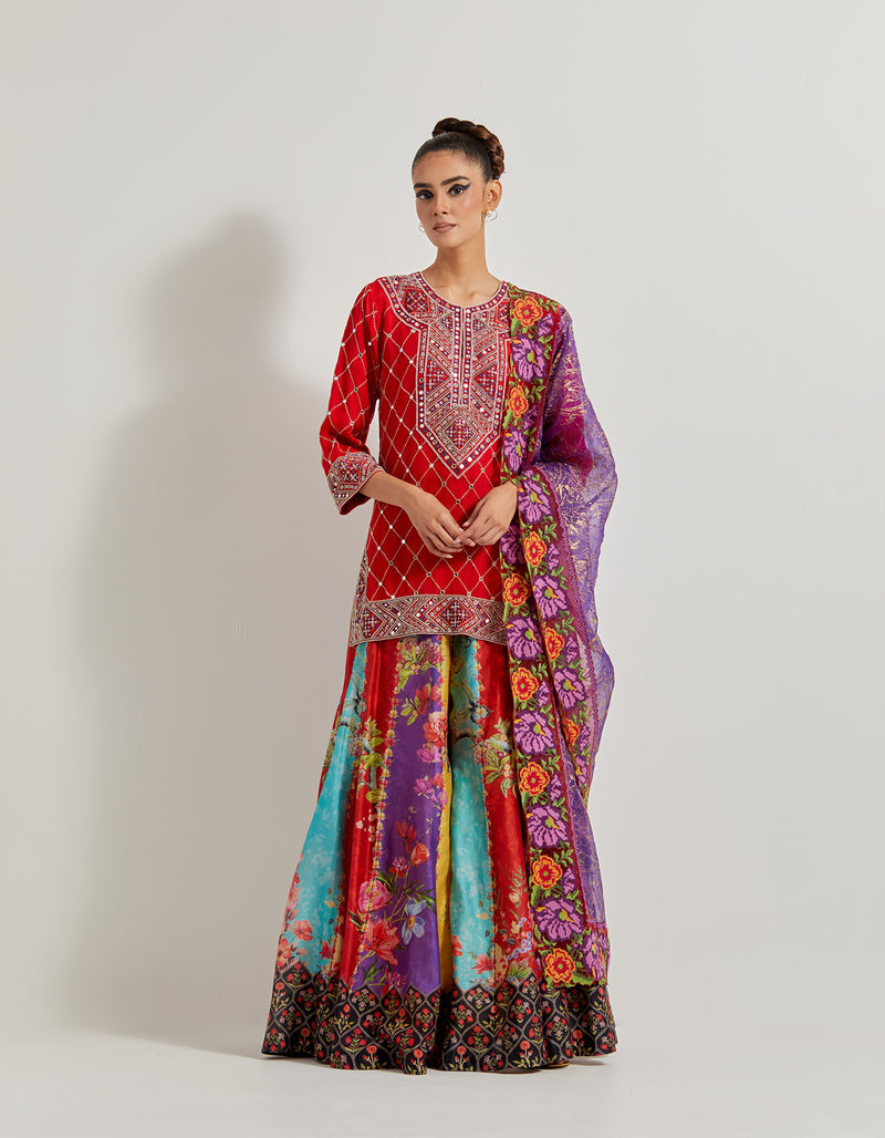 Creeper Panelled Sharara In Chanderi Silk Paired With Silk Organza Hand Embellished Kurti Top And Tissue Chanderi Dupatta With Cross Stitch Border