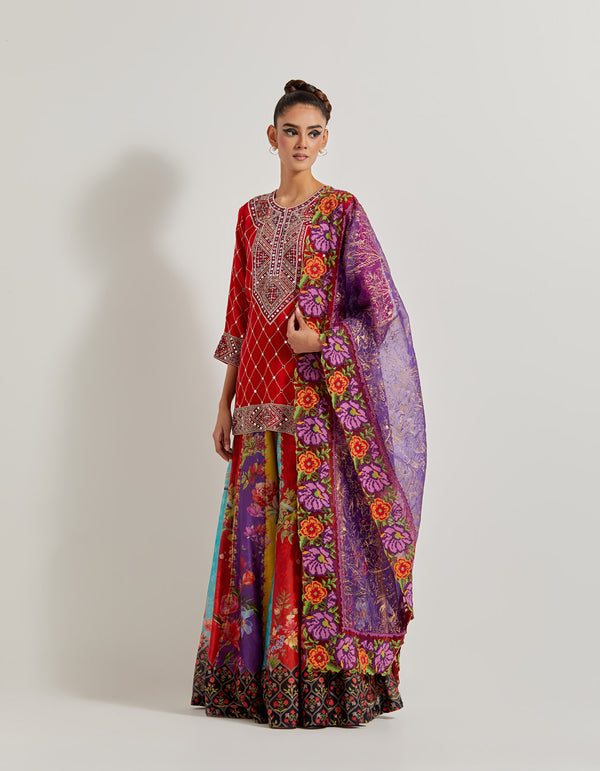 Creeper Panelled Sharara In Chanderi Silk Paired With Silk Organza Hand Embellished Kurti Top And Tissue Chanderi Dupatta With Cross Stitch Border