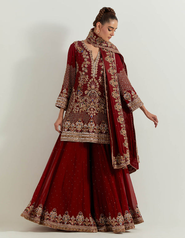 Maroron Pure Georgette Pearl Zardozi Embroidery Sharara Set