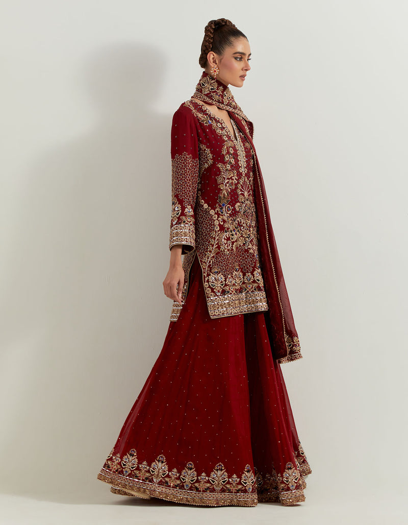 Maroron Pure Georgette Pearl Zardozi Embroidery Sharara Set
