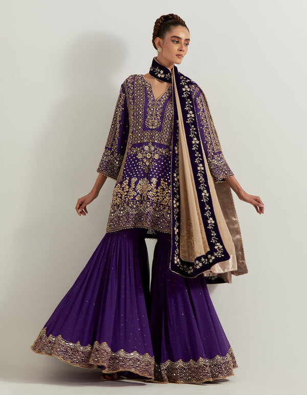 Deep Purple Gharara Set In Exquisite Pearl And Zardozi Eembroidery