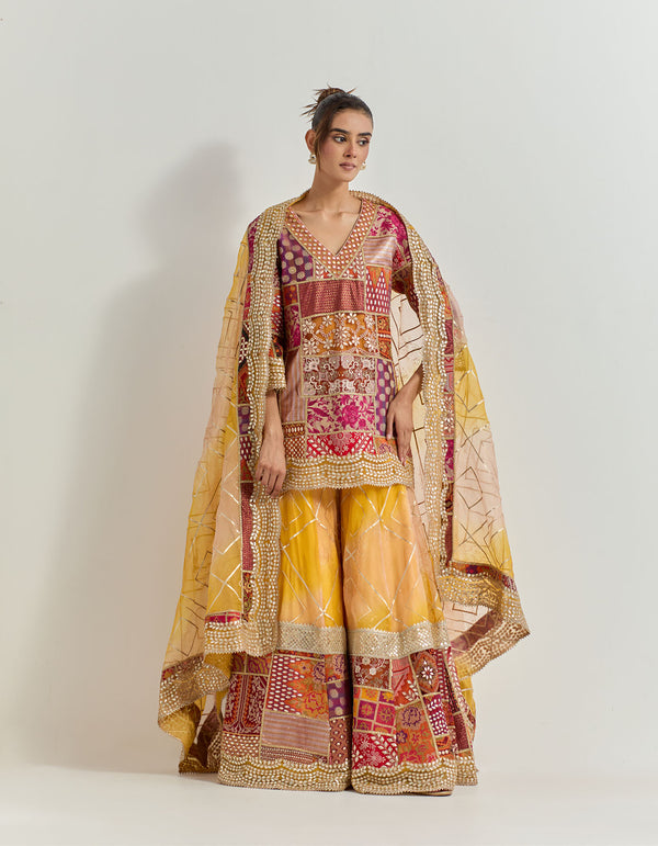 Yellow Sharara Set With Cross Stitch And Patch Work