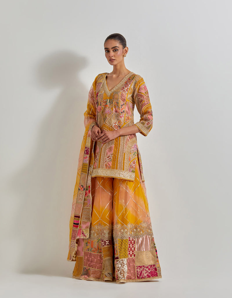 Yellow Patch Work Sharara Set In Silk Organza