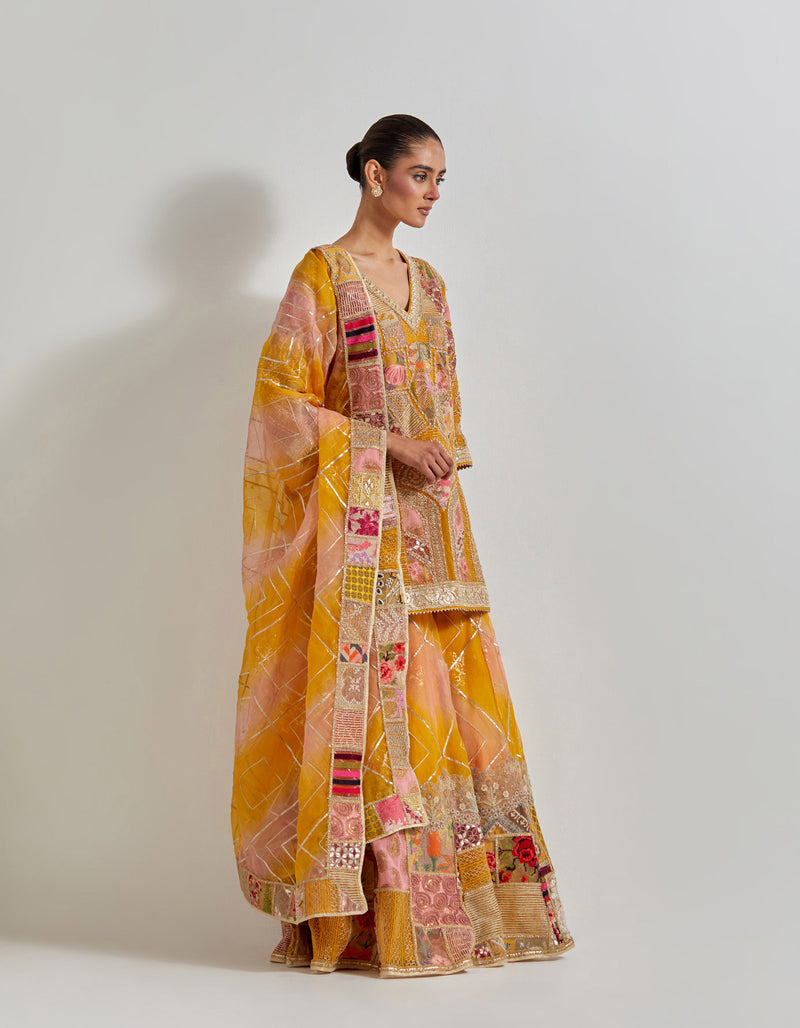 Yellow Patch Work Sharara Set In Silk Organza