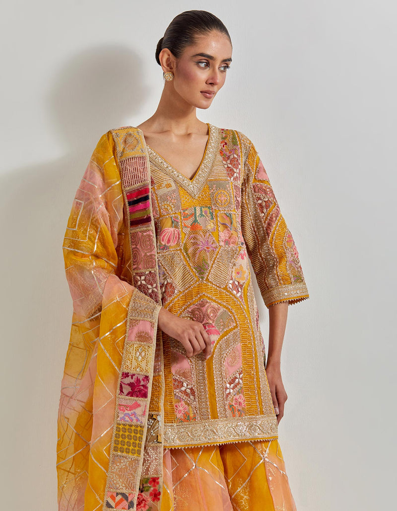 Yellow Patch Work Sharara Set In Silk Organza