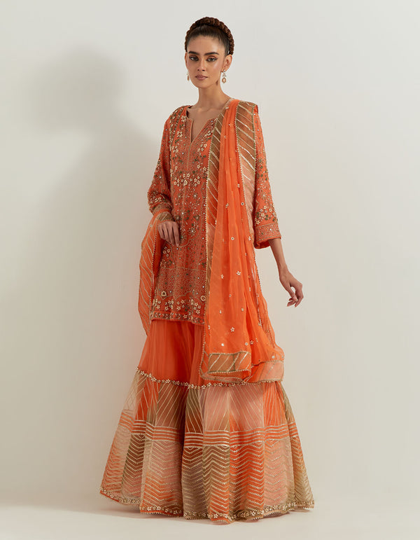 Organge Silk Organza Pearl Zardozi Embroidery Sharara Set
