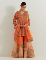 Organge Silk Organza Pearl Zardozi Embroidery Sharara Set