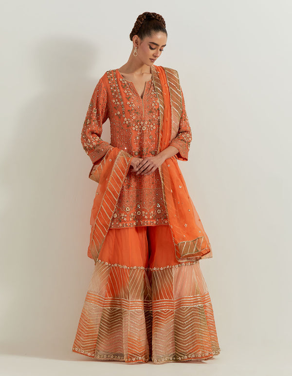 Organge Silk Organza Pearl Zardozi Embroidery Sharara Set