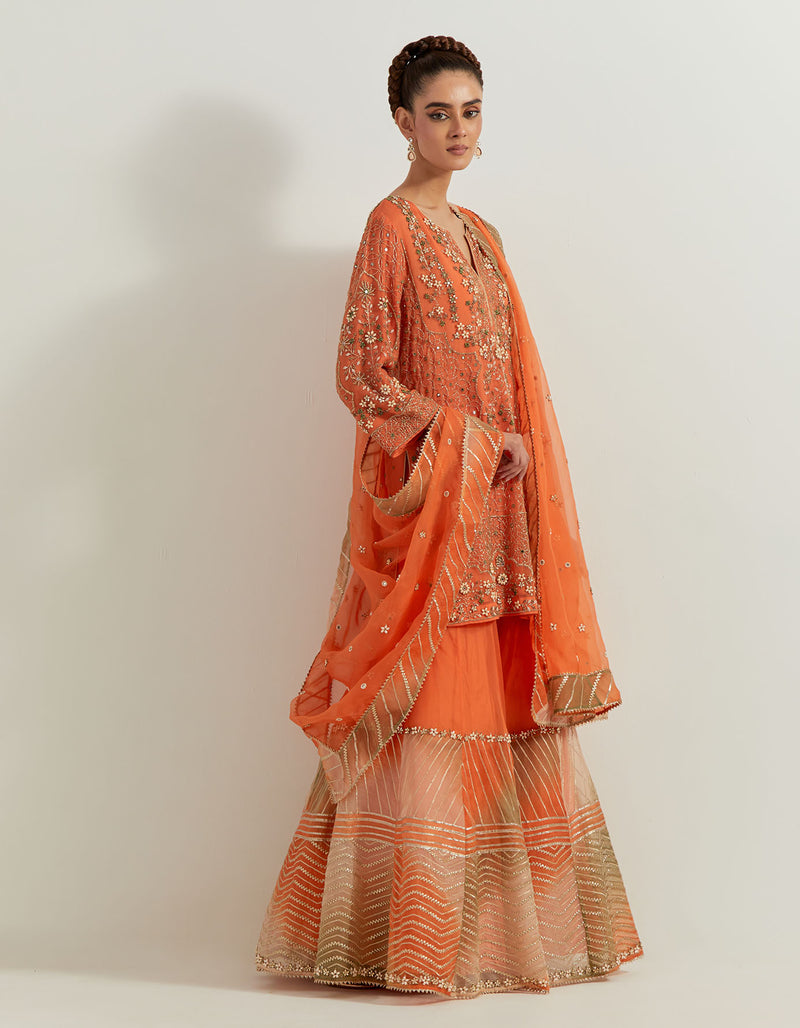 Organge Silk Organza Pearl Zardozi Embroidery Sharara Set