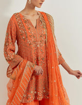 Organge Silk Organza Pearl Zardozi Embroidery Sharara Set