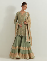 Sage Silk Chiffon Pearl Zardozi Embroidery Sharara Set
