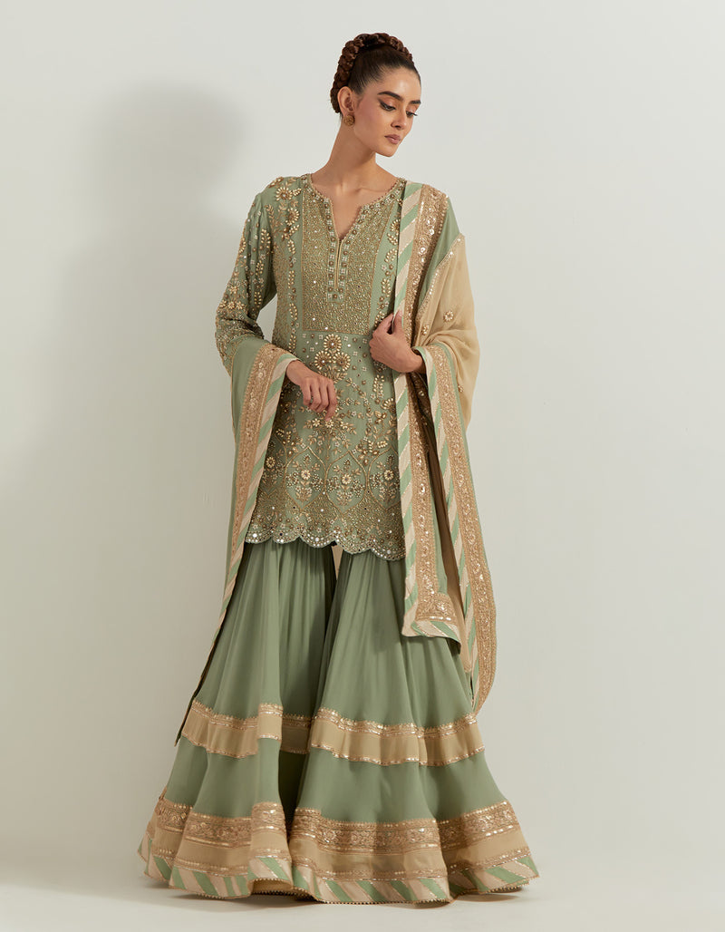 Sage Silk Chiffon Pearl Zardozi Embroidery Sharara Set