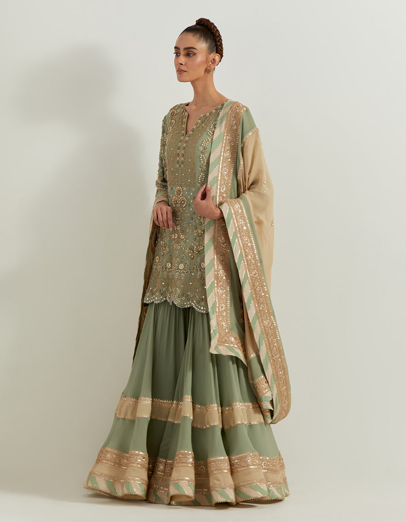 Sage Silk Chiffon Pearl Zardozi Embroidery Sharara Set