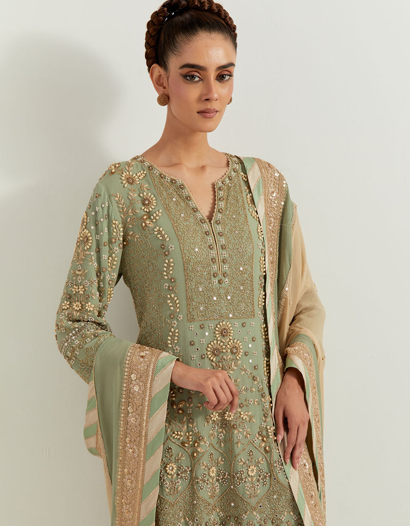 Sage Silk Chiffon Pearl Zardozi Embroidery Sharara Set