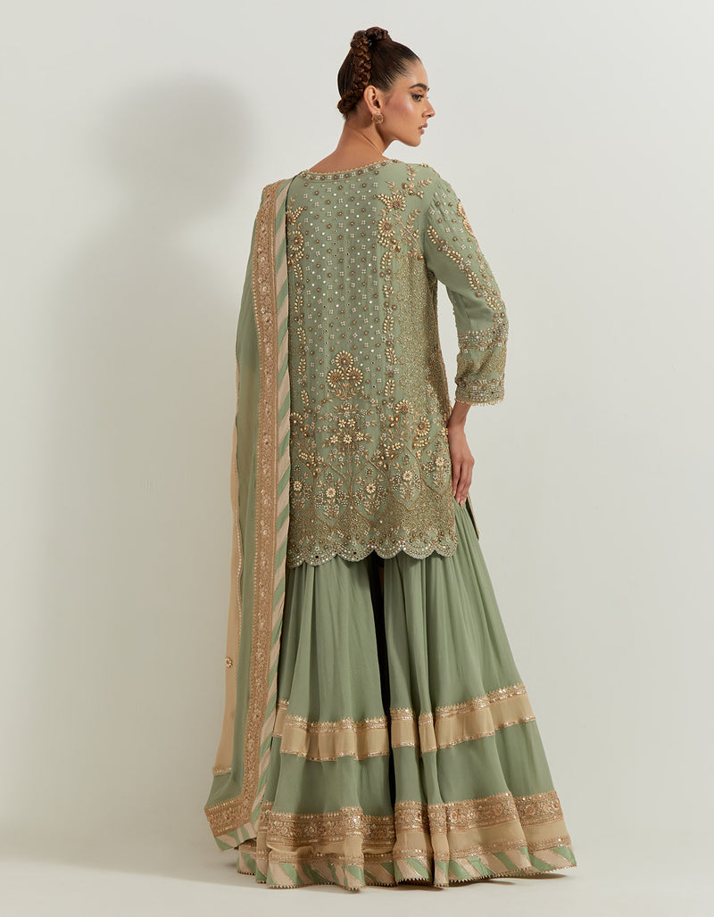 Sage Silk Chiffon Pearl Zardozi Embroidery Sharara Set