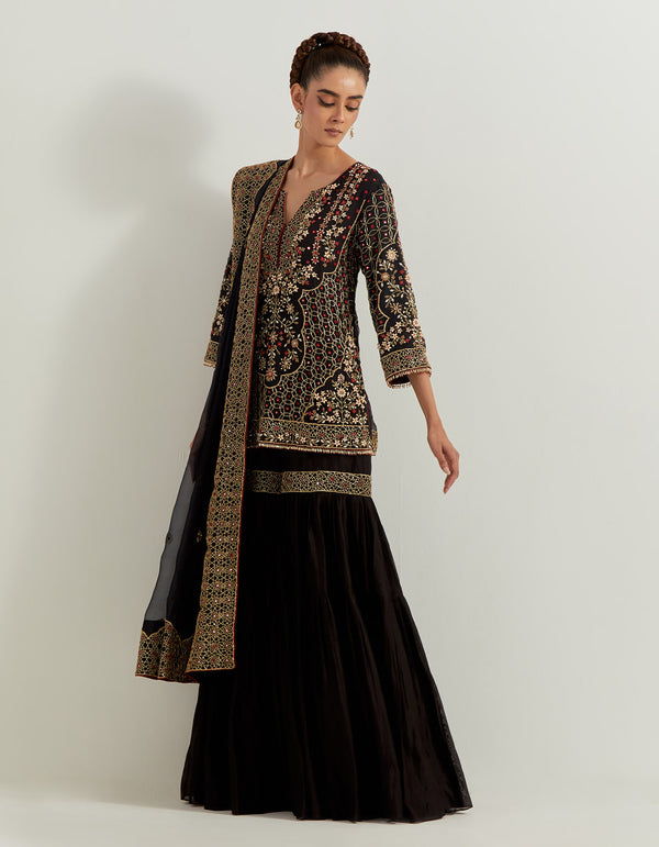 Black Chanderi And Silk Organza Pearl Zardozi Embroidery Sharara Set