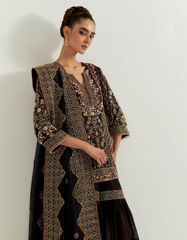 Black Chanderi And Silk Organza Pearl Zardozi Embroidery Sharara Set