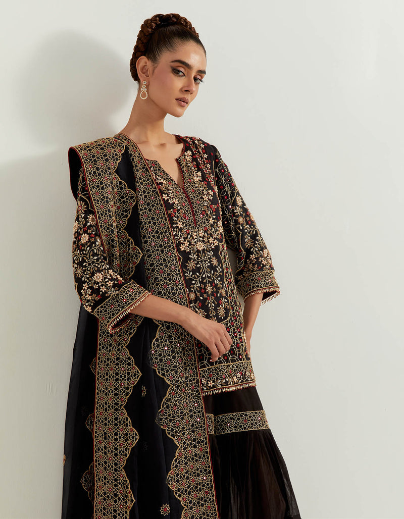Black Chanderi And Silk Organza Pearl Zardozi Embroidery Sharara Set