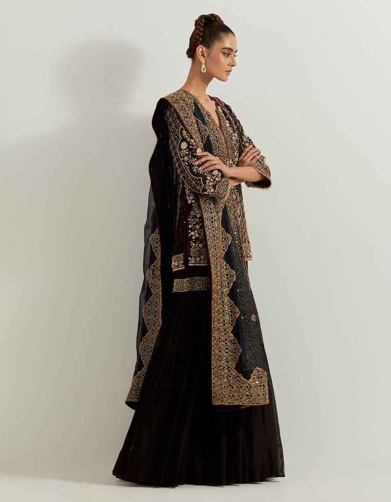 Black Chanderi And Silk Organza Pearl Zardozi Embroidery Sharara Set