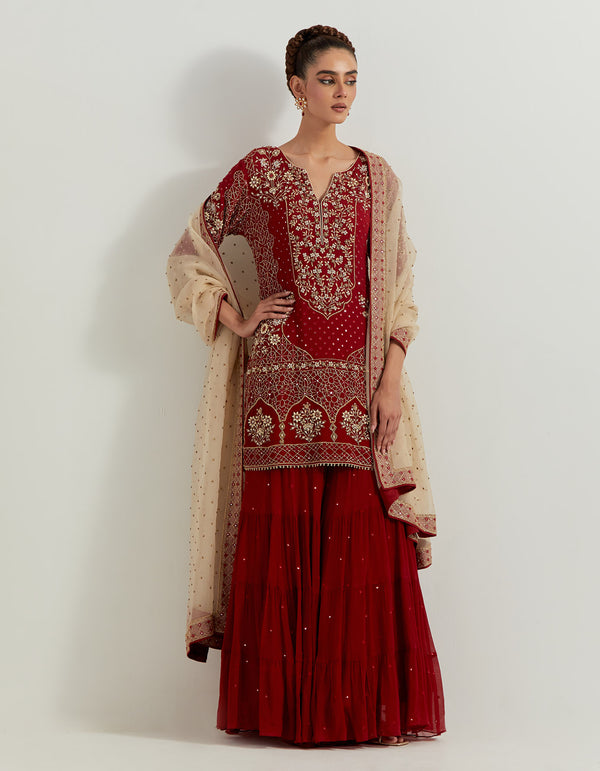 Maroron Pure Chiffon And Silk Organza Pearl Zardozi Embroidery Sharara Set