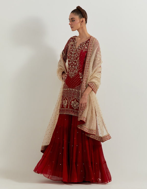 Maroron Pure Chiffon And Silk Organza Pearl Zardozi Embroidery Sharara Set