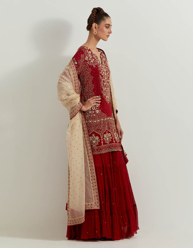 Maroron Pure Chiffon And Silk Organza Pearl Zardozi Embroidery Sharara Set