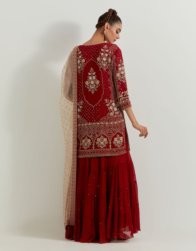 Maroron Pure Chiffon And Silk Organza Pearl Zardozi Embroidery Sharara Set