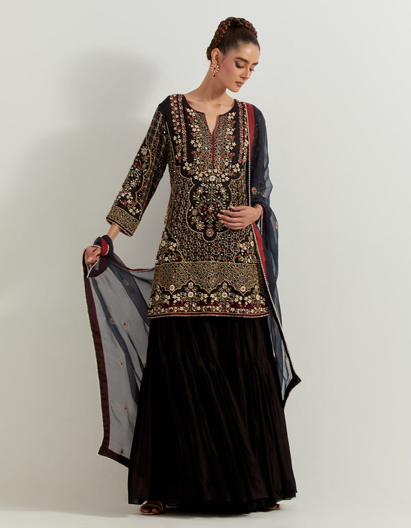 Black Chanderi And Silk Organza Pearl Zardozi Embroidery Sharara Set