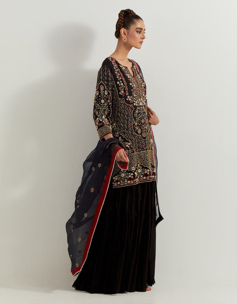 Black Chanderi And Silk Organza Pearl Zardozi Embroidery Sharara Set