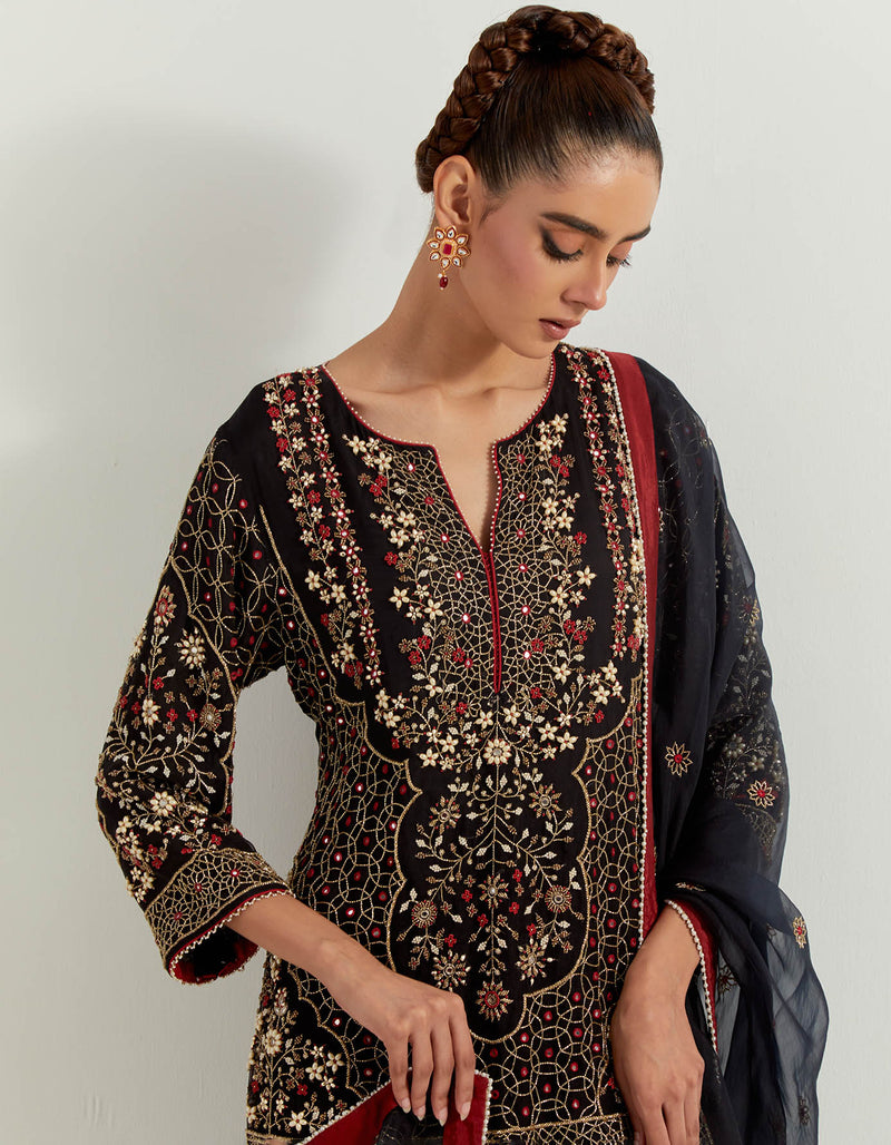 Black Chanderi And Silk Organza Pearl Zardozi Embroidery Sharara Set