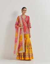 Pink Wrap Zardozi Embellished Kurti Paired With Cross Stitch Embroidered Pleated Sharara And Tie Dye Organza Dupatta