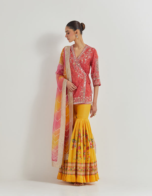 Pink Wrap Zardozi Embellished Kurti Paired With Cross Stitch Embroidered Pleated Sharara And Tie Dye Organza Dupatta