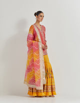 Pink Wrap Zardozi Embellished Kurti Paired With Cross Stitch Embroidered Pleated Sharara And Tie Dye Organza Dupatta