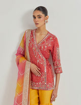 Pink Wrap Zardozi Embellished Kurti Paired With Cross Stitch Embroidered Pleated Sharara And Tie Dye Organza Dupatta