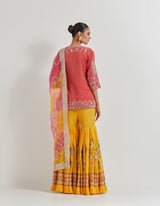 Pink Wrap Zardozi Embellished Kurti Paired With Cross Stitch Embroidered Pleated Sharara And Tie Dye Organza Dupatta