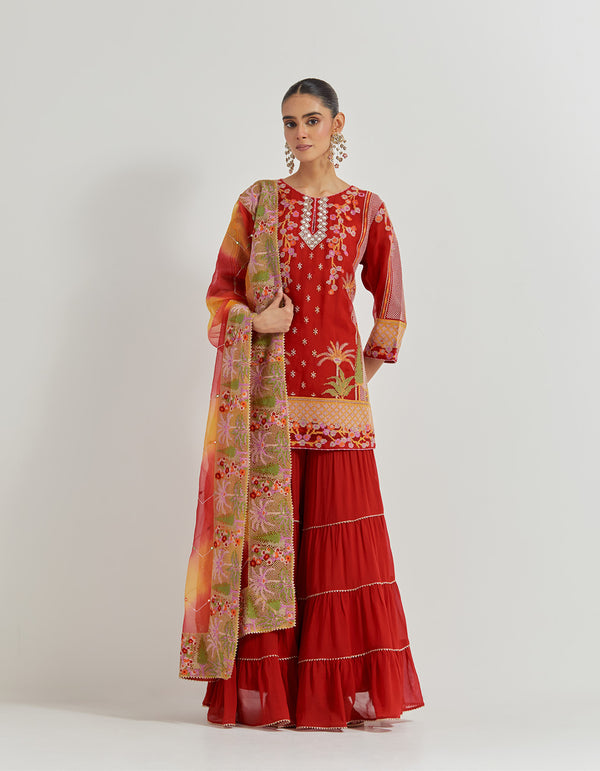 Crimson Red Organza Silk Kurti In Cross Stitch Embroidery Paired With Georgette Tiered Sharara And Organza Dupatta