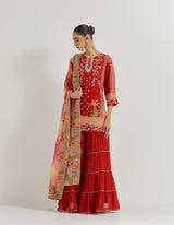 Crimson Red Organza Silk Kurti In Cross Stitch Embroidery Paired With Georgette Tiered Sharara And Organza Dupatta