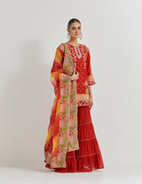 Crimson Red Organza Silk Kurti In Cross Stitch Embroidery Paired With Georgette Tiered Sharara And Organza Dupatta