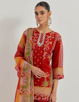 Crimson Red Organza Silk Kurti In Cross Stitch Embroidery Paired With Georgette Tiered Sharara And Organza Dupatta