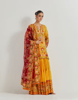 Yellow And Maroon And Rust Gota Patti Cross Stitch And Mirror Work Embroidered Sharara Set