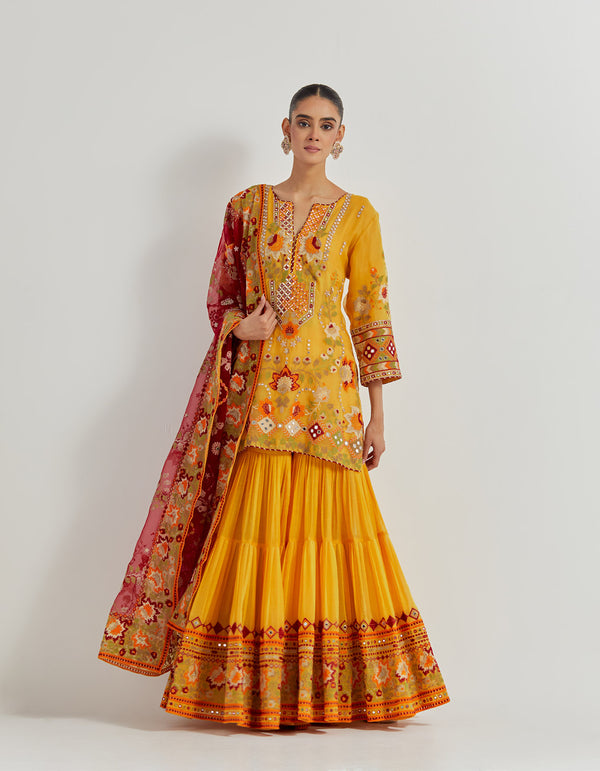 Yellow And Maroon And Rust Gota Patti Cross Stitch And Mirror Work Embroidered Sharara Set