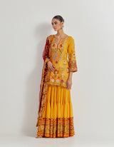 Yellow And Maroon And Rust Gota Patti Cross Stitch And Mirror Work Embroidered Sharara Set