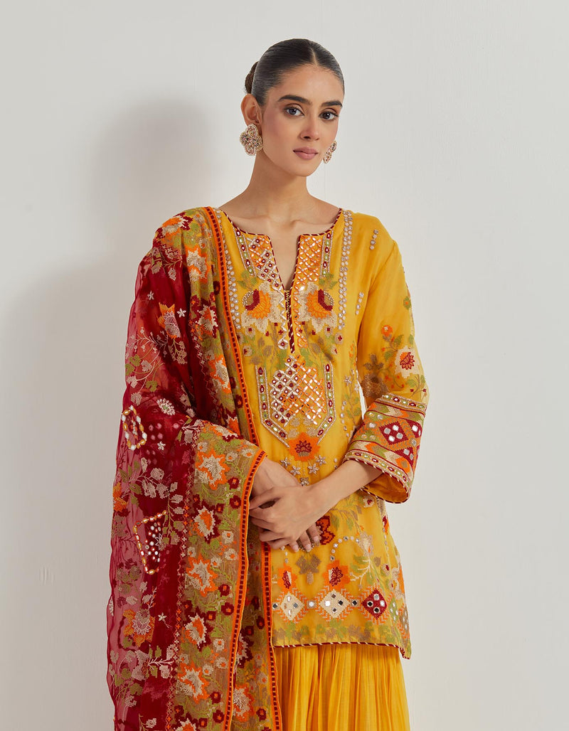 Yellow And Maroon And Rust Gota Patti Cross Stitch And Mirror Work Embroidered Sharara Set