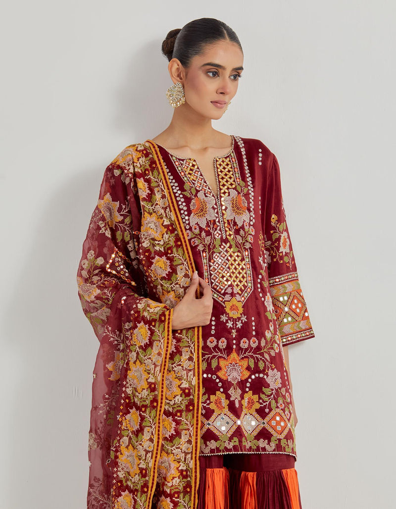 Maroon And Rust Gota Patti Cross Stitch And Mirror Work Embroidered Sharara Set