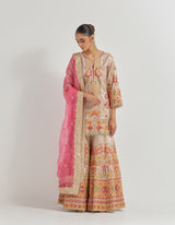 Tissue Sharara Set In Cross Stitch And Zardozi Embroidery Paired With Organza Silk Dupatta